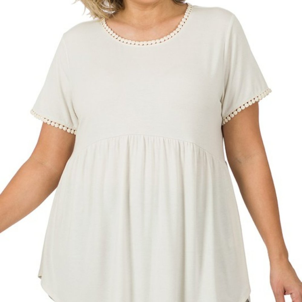 Round Trimmed Neck Short Sleeve Empire Waist Top - Bone